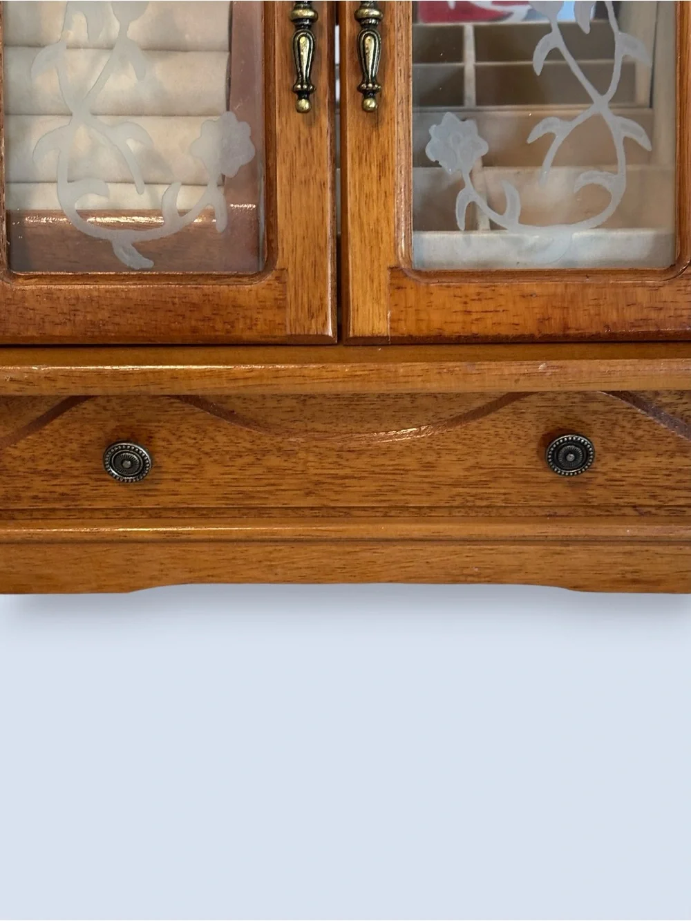 Vintage Wood Etched Glass Doors Jewelry Case Box Chest